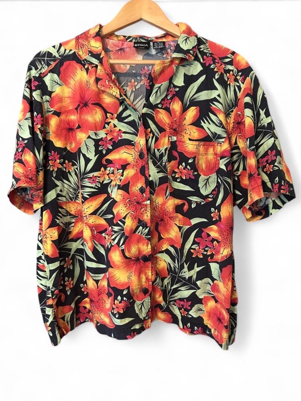Erika Black Button-Down Shirt with Orange Floral Print